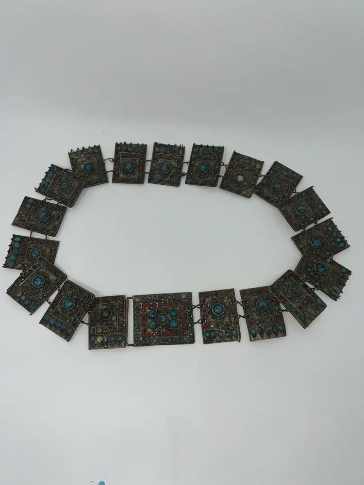 Vintage 1950’s Coral & Turquoise Stones Hammered Metal Nepal Artisanal Belt 32”
