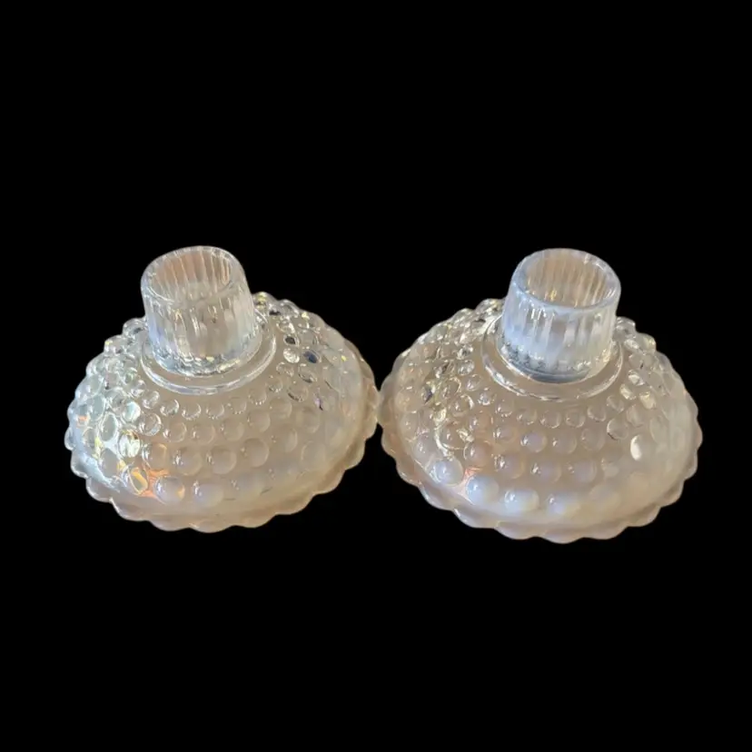 Vintage Anchor Hocking Opalescent Hobnail Moonstone Candle Holder Set White