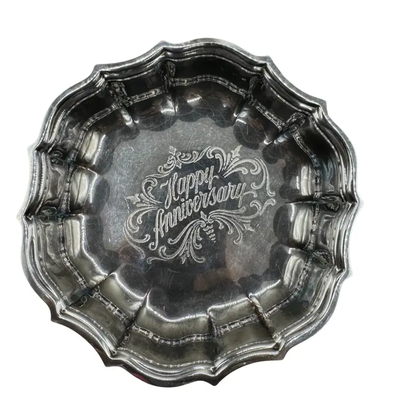 Freshly Polished 'Happy Anniversary' Silver Plate Candy Dish