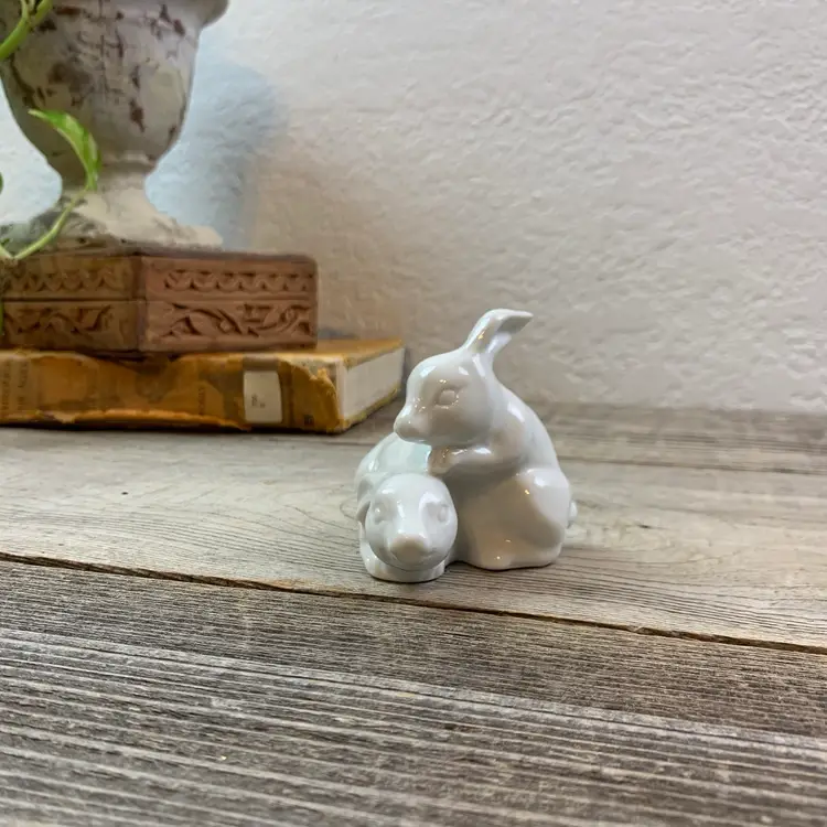Vintage White Rabbits/Bunnies Pair Miniature Ceramic Figurine
