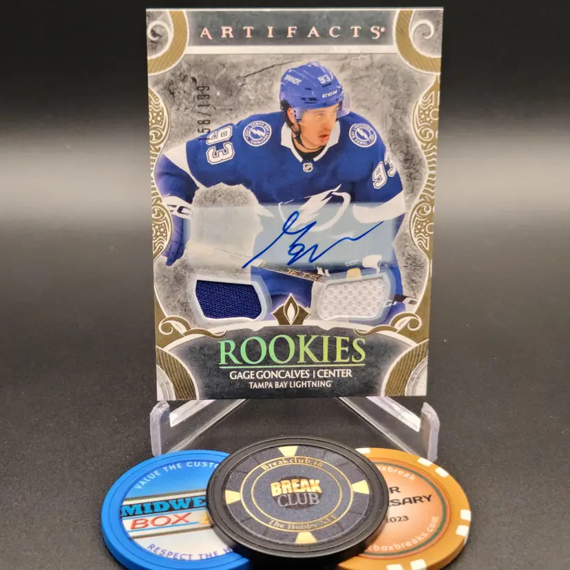 Gage Goncalves Rookie Auto 2024-25 Upper Deck Artifacts Hockey Auto Material Gold Numbered 158/199 Card #195 - Tampa Bay Lightning