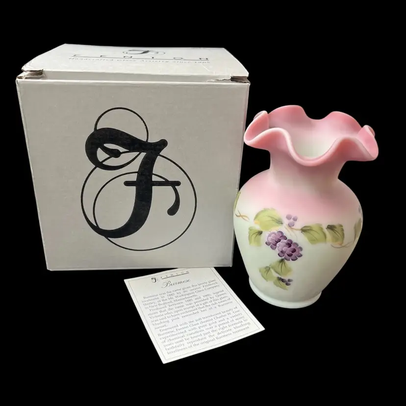 Fenton Lotus Mist Vase Hand Painted In Berry Design Numbered And Signed, Fenton Lotus Mist Burmese Vase Signed Frank M. Fenton #71 Painted By Kitty Riley