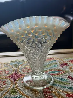 Vintage Fenton French Opalescent Moonstone Hobnail Fan Vase apx 8” h 3”base