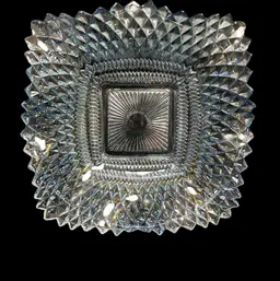 Indiana Glass-Icy Blue Iridescent Diamond Point Square Dish-With Ruffled, Sawtooth Rim
