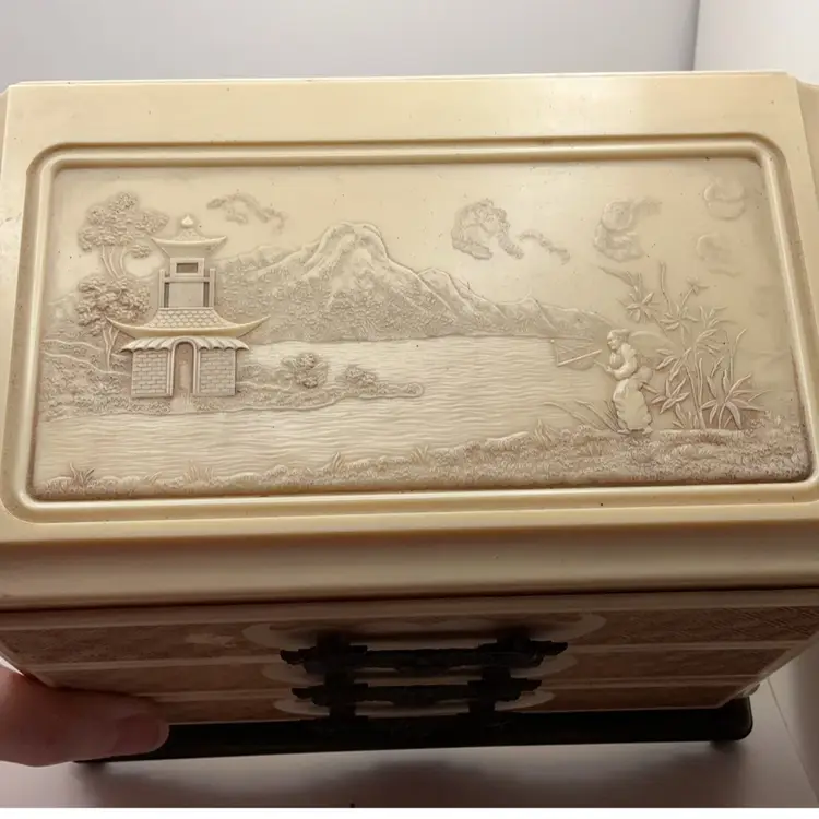 VTG Yellow Celluloid w/ Black Dragon Handles 3 Drawer Jewelry Box Japan 5.5” x 7.5” x 5”
