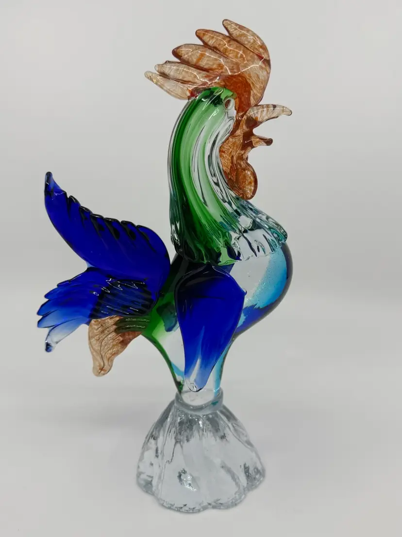 Hand Blown Art Glass Rooster Figurine Blue Red Green 9.75”
