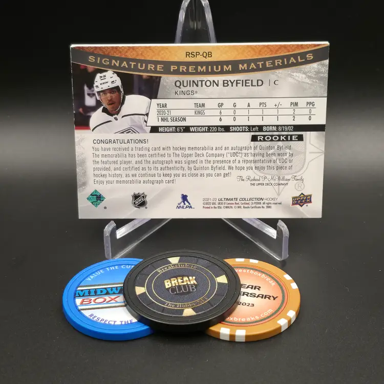 Quinton Byfield Rookie Patch Auto 2021-22 Upper Deck Ultimate Collections Hockey Rookie Signature Premium Materials Insert Bookend Numbered 35/35 Card #RSP-QB - Los Angeles Kings