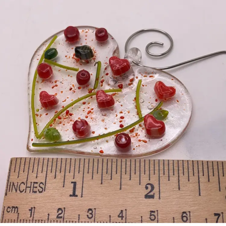Made by Me! Fused Glass Ornament Heart with 3D Red Flowers & Bee 3" x 2.5" Handcrafted Studio Art