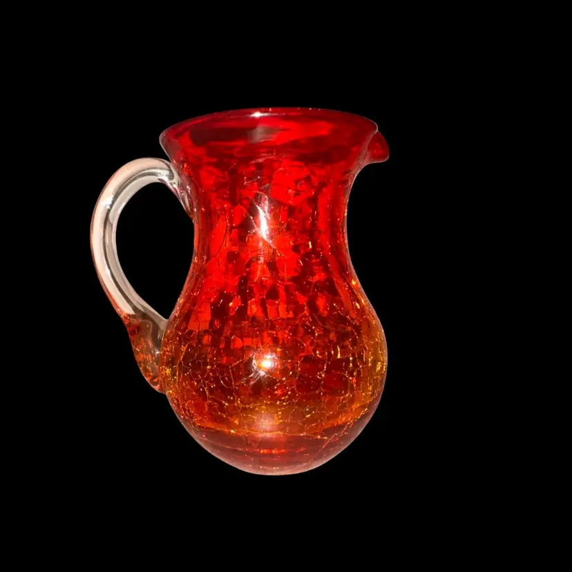Red Crackle Glass Amberina Pitcher Pourer Clear Applies Handle 3.5”Tx2.5”D