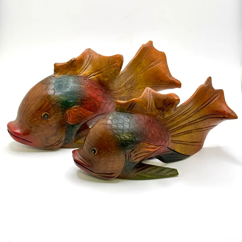 Pair Of Wooden Painted and Carved Fancy Fin Graduated Fish