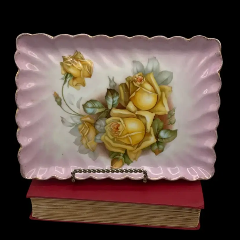 Vintage Scalloped Blush, Pink Porcelain Tray With Yellow Roses 9.25”x6.5”