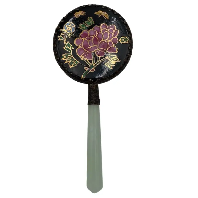 Vtg Alabaster-Handled, Enameled Cloisonné Floral & Butterflies Hand Mirror, 5.1"