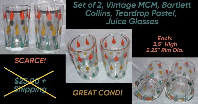 Vintage MCM Bartlett Collins Pastel Atomic Teardrop Juice Glasses. Scarce!