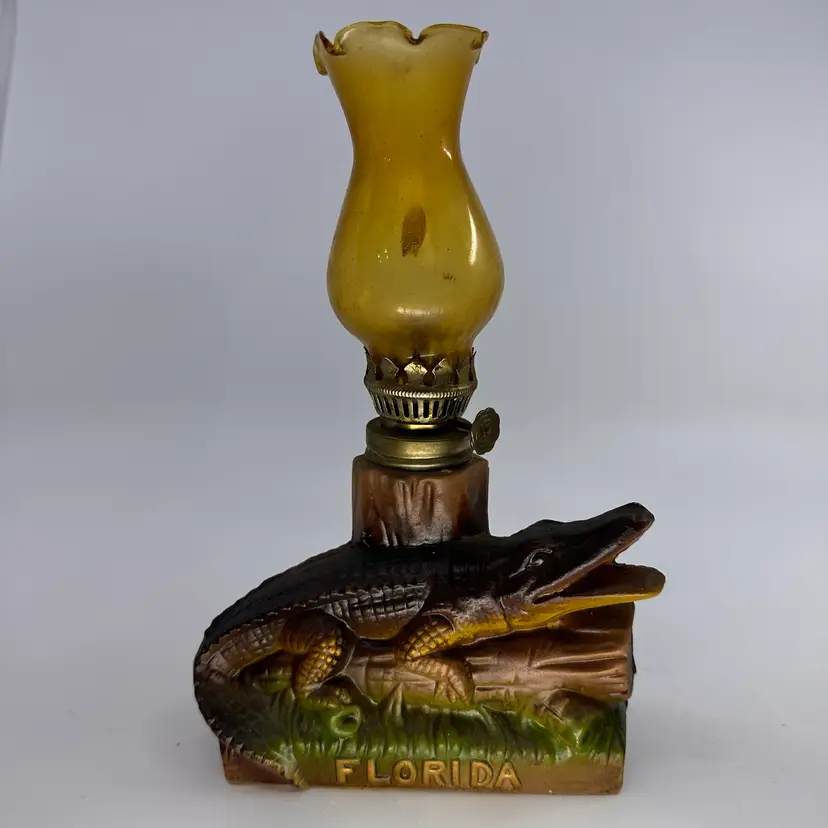 Vintage Alligator Oil Lamp. Ceramic Alligator Base With FL. Embossed
