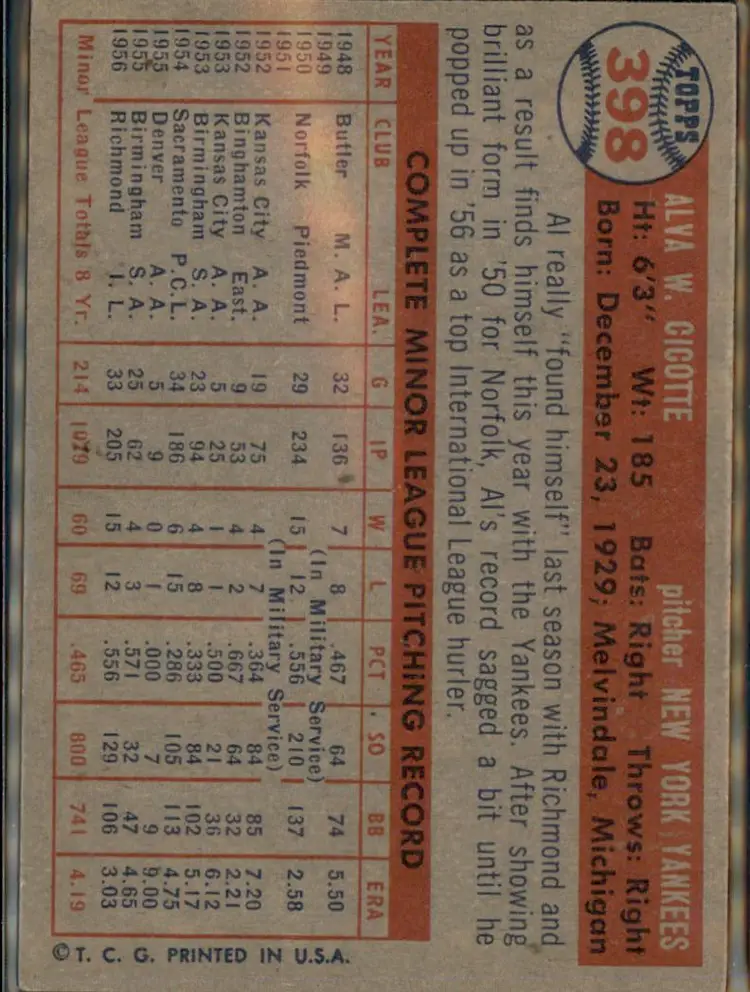 1957 Topps #398 Al Cicotte - (pk1) - New York Yankees