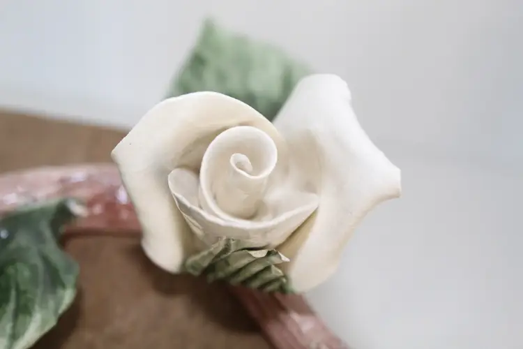 Vintage Unmarked Bisque Capodimonte Like Roses on Branch With Leaves Sculpture