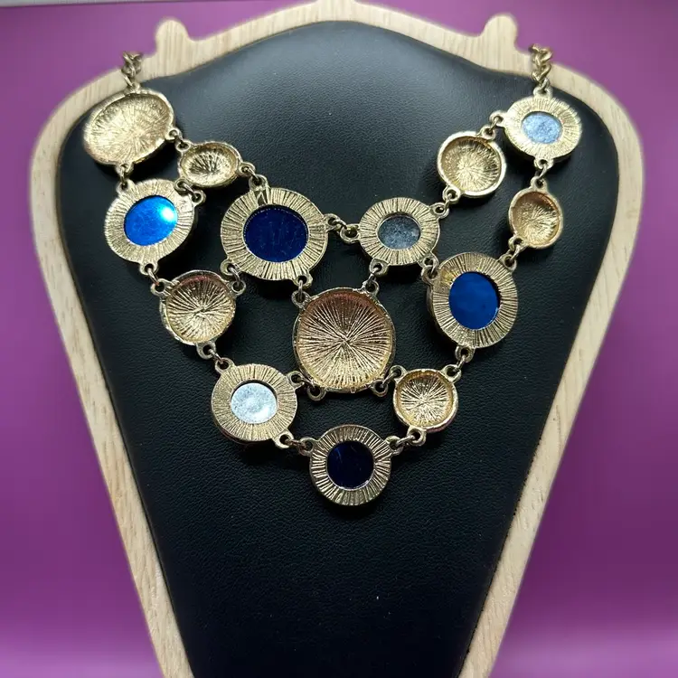 Vintage Gold Tone Blue Bib Necklace