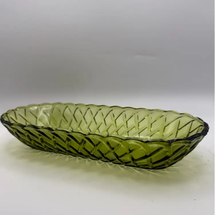 Vintage Indiana Glass Avocado Green Pretzel Pattern Celery Dish