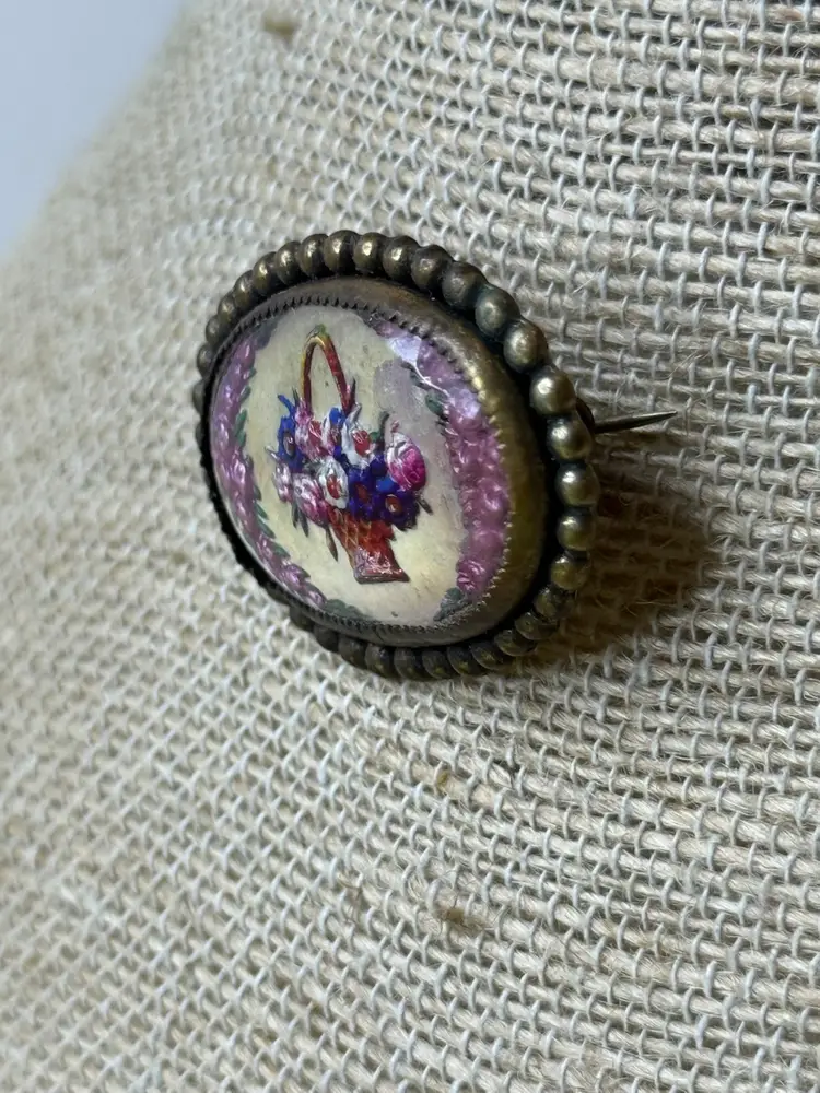 Victorian Oval Intaglio Brass Brooch Flower Basket Reverse Painted Dome Glass C Clasp Closure
