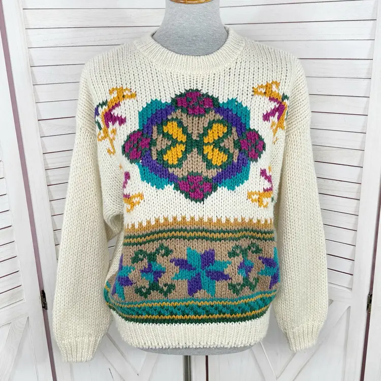 Vintage Rafferty 80s 90s Floral Chunky Knit Sweater Ivory Large Crewneck