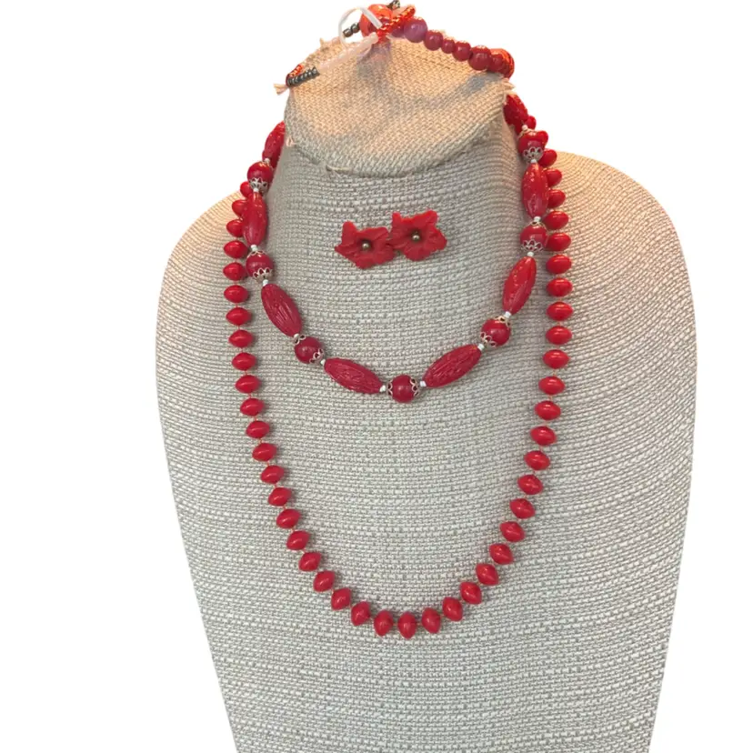 #09 - Vintage Red Bead Flower Earrings Lot