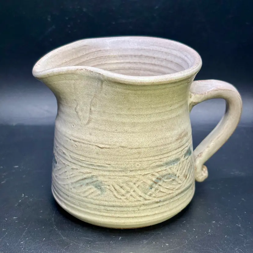 Studio Pottery Pitcher Creamer Neutral with Blue 3.5” Signed