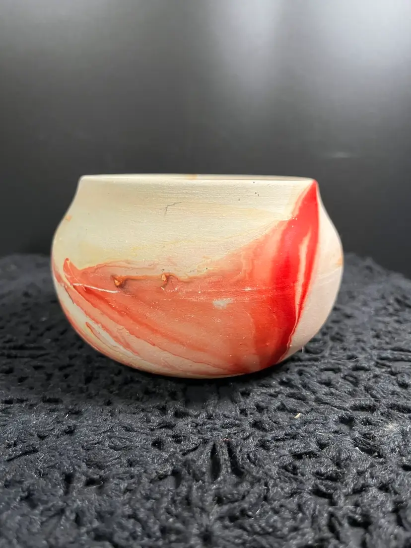 Nemadji Pottery-Vintage Planter w/ Distinctive Red/Pink/Orange Swirl