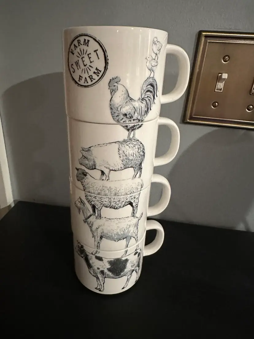 Vintage, Whimsical stacking coffee mugs with Farm Animal Motif