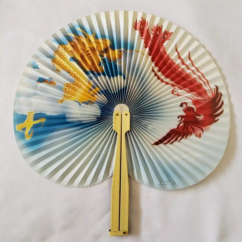 Paper Fan Hand Folding Accordion Dragons Metal Handle Vintage Made In China