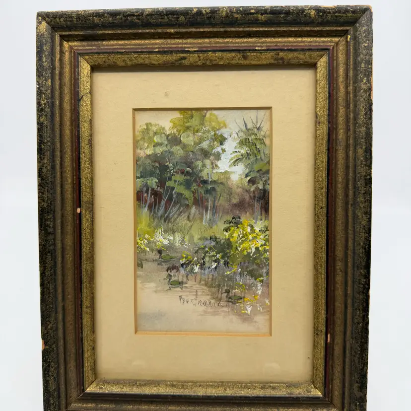 Vintage Framed Artist Signed Watercolor Painting Water Meadow Scene With Ducks 8.5”