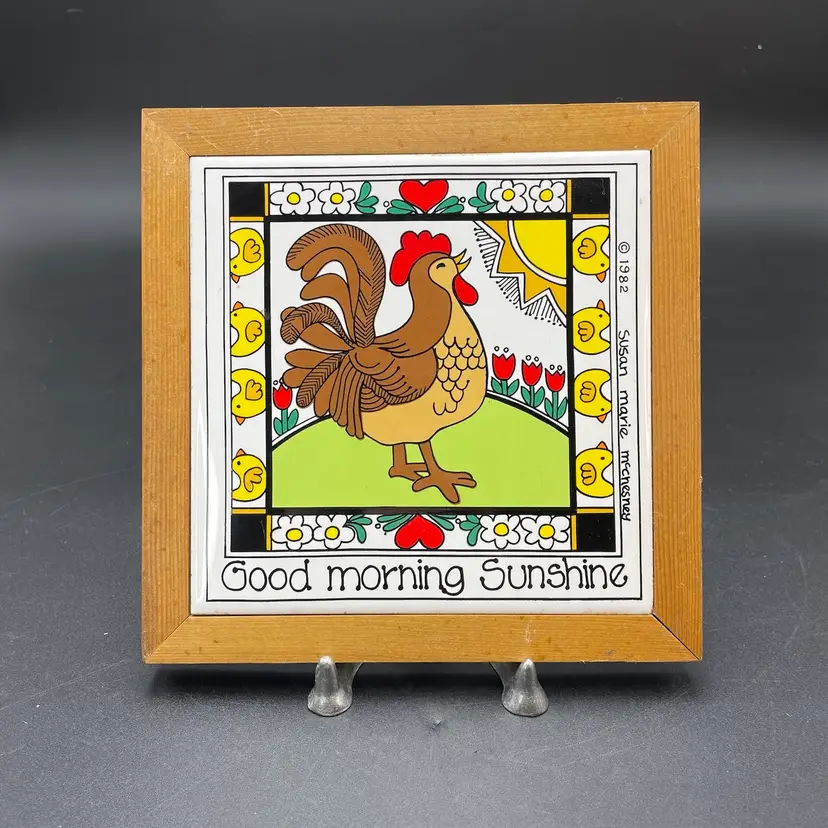 Ceramic Tile Trivet Rooster Good Morning Sunshine Susan Marie McChesney VTG 1982