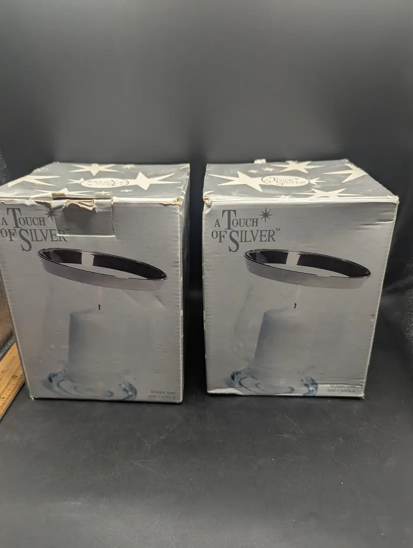 Vintage Set of 2 A Touch of Silver Banded Hurricane Lamps EUC.