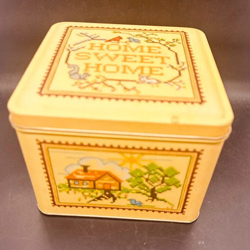 40. Vintage 1980s Home Sweet Home Cross-Stitch/Needlepoint Style Square Decorative Tin
