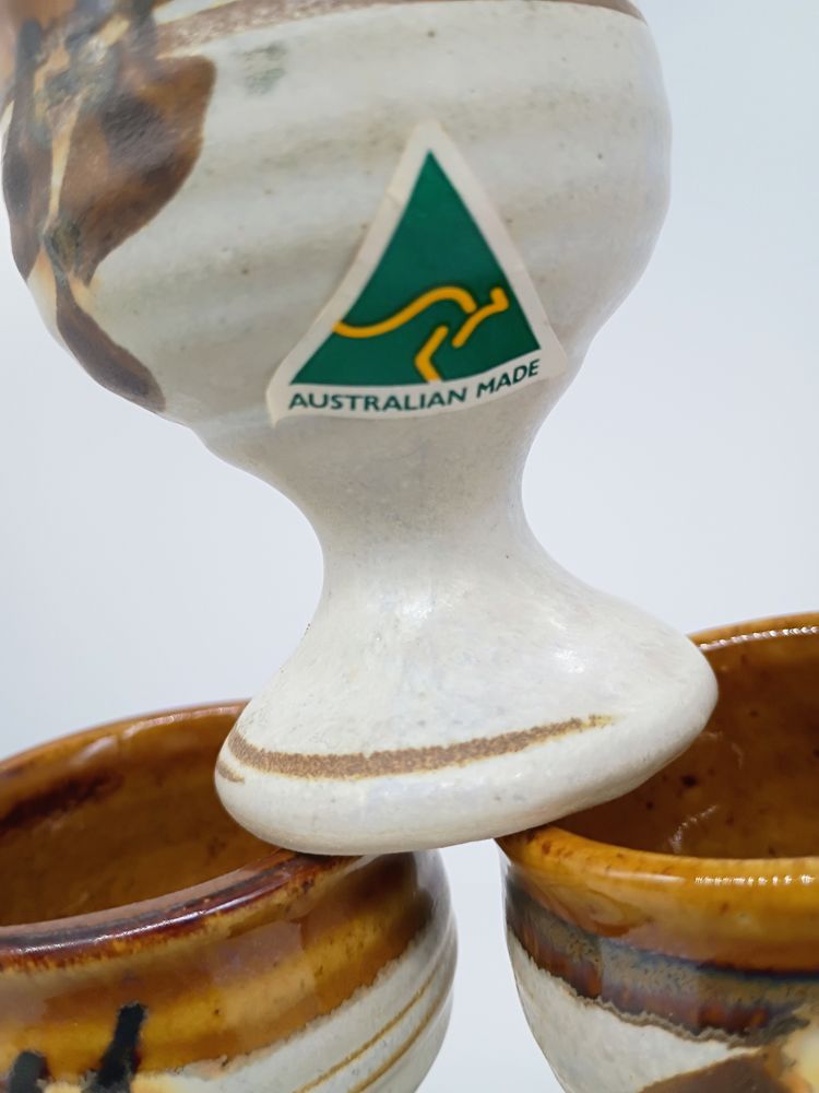 Vintage Australian Art Pottery Tan and Brown Gum Nut Style Set of 6 Egg Cups.