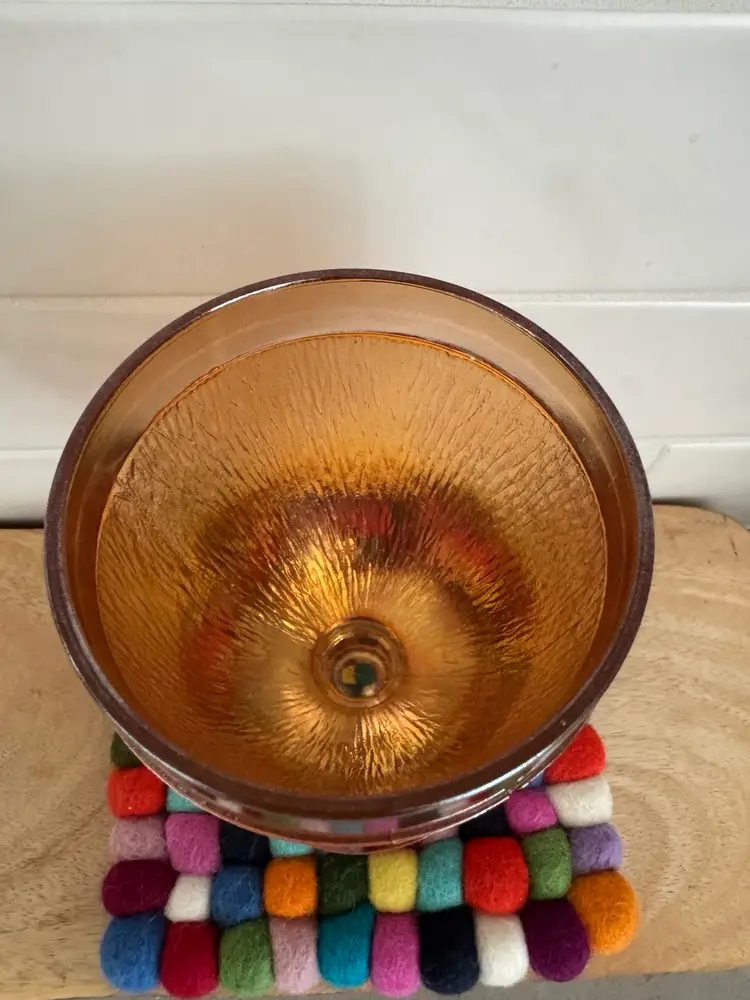 Jeanette Iridescent Marigold Carnival Glass Apothecary Jar Tree Bark Design