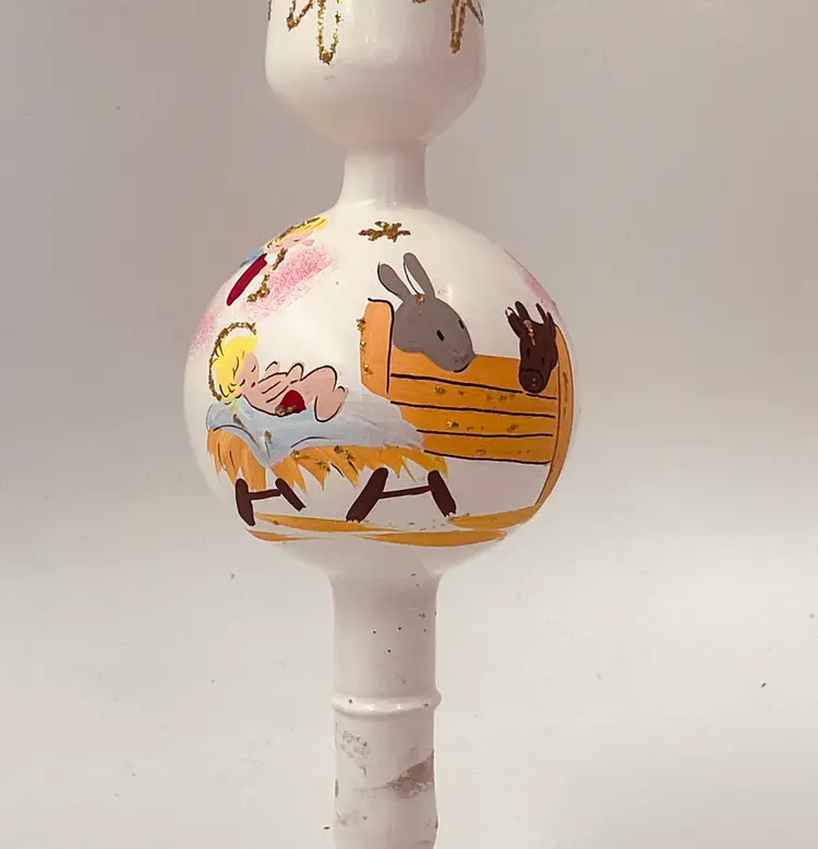 Vintage Hand-Painted Mercury Glass Christmas Tree Topper Nativity Scene, White and Gold Glitter Mid Century Holiday Decor