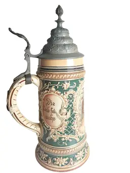 Antique Ceramic German Beer Stein Jakob Goldschmidt 1807 Hand-Painted Pewter Lid