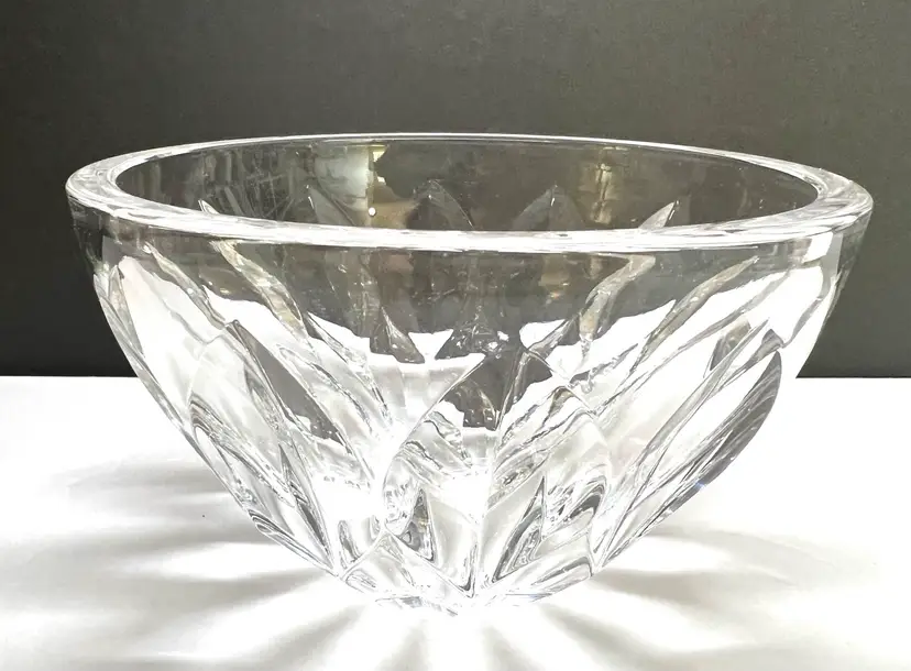 Kosta Boda Crystal Bowl, CUT CRYSTAL LEAF Pattern, Etched signature on Bottom, Vintage 80's