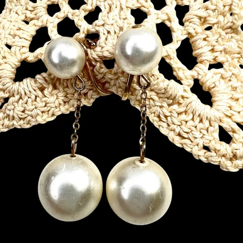 Richelieu Mid-Century Faux Pearl Screwback Earrings. Gold-tone. Signed “Richelieu” & With Numbers. 1-1/2” Drop.