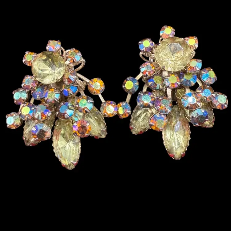 vintage gold-tone clip-on earrings featuring aurora borealis rhinestones