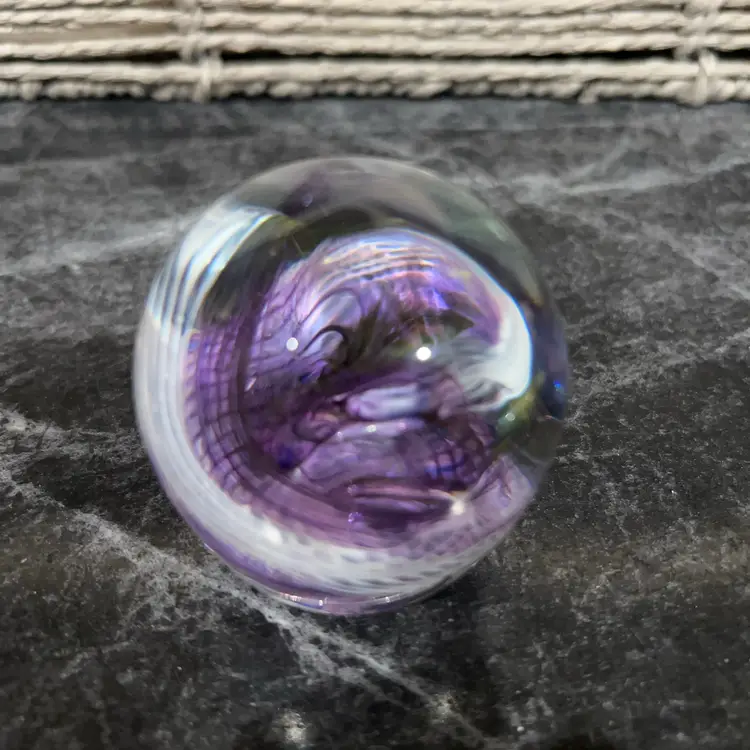 Purple And White Striped Swirl Paperweight