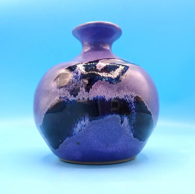 Studio Art Pottery Small Purple Bud Vase, Crystalinne Blue Accents, Signed