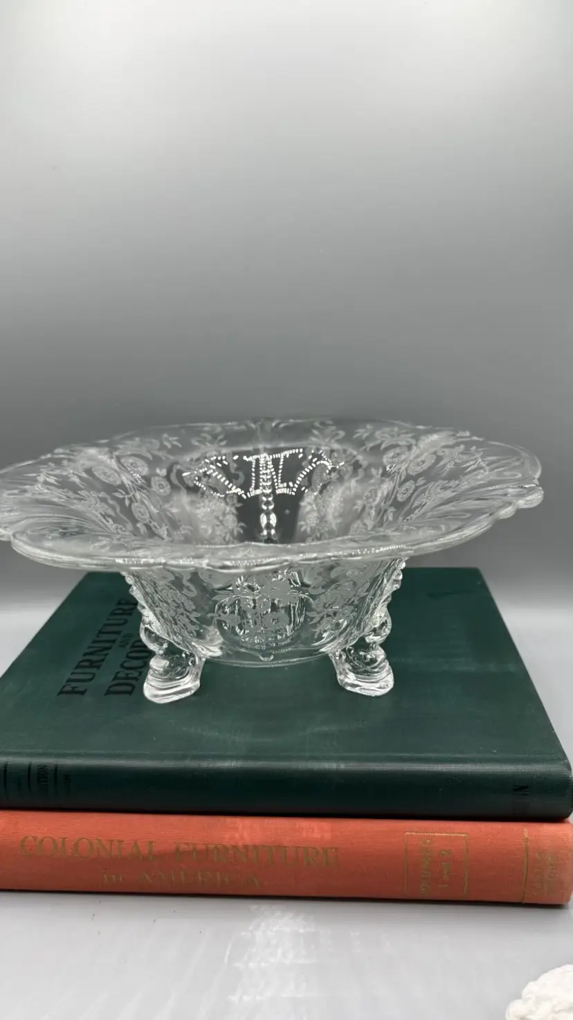 Vintage Heisey Glass ORCHID Etched 11" Console Bowl Queen Anne Dolphin Feet