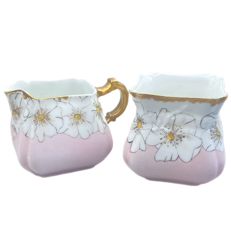 Antique Pink Porcelain Havilland Co Limoges Open Sugar Creamer Daisy Floral Cottage Springtime