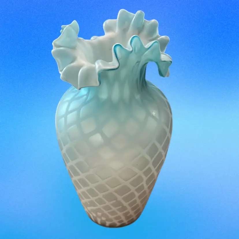 Antique Mt. Washington Blue satin glass vase with quilted diamond pattern. Victorian 7” Perfect Condition