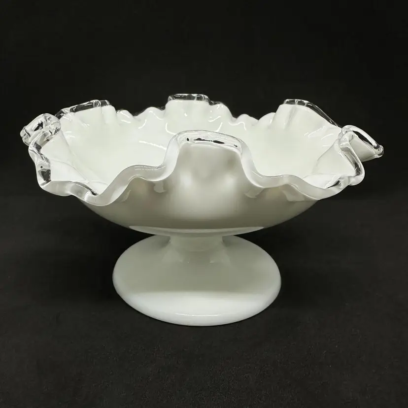 Vintage Fenton Milk Glass Bowl Pedestal Ruffle Silver Crest Candy Dish Scalloped