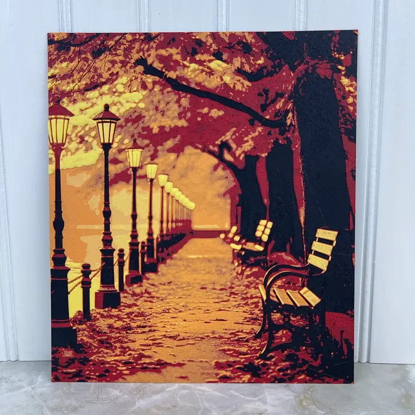 Autumnal Fall Wall Art, Wall, Park Bench, Street Lamps in Autumn, Cozy Fall Vibes, Textured Art, Hueforge Art