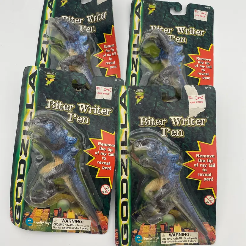 Godzilla Bundle of 4 Biter Writer Pens - New Old Stock 1998 Equity Toys