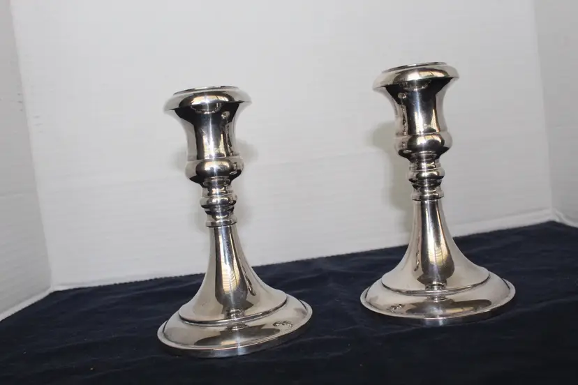 5 3/8” Sheffield Silver Co Silverplate Candlesticks Made In Italy Heavy Classic