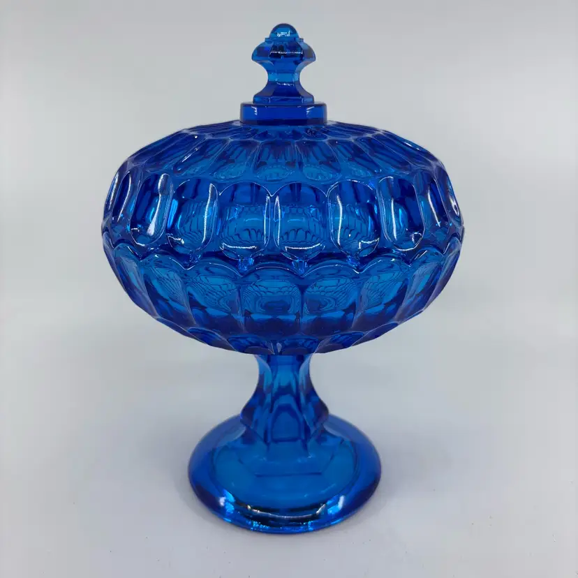 Vintage Fenton Glass Colonial Blue Thumbprint Compote 10H 7Dia